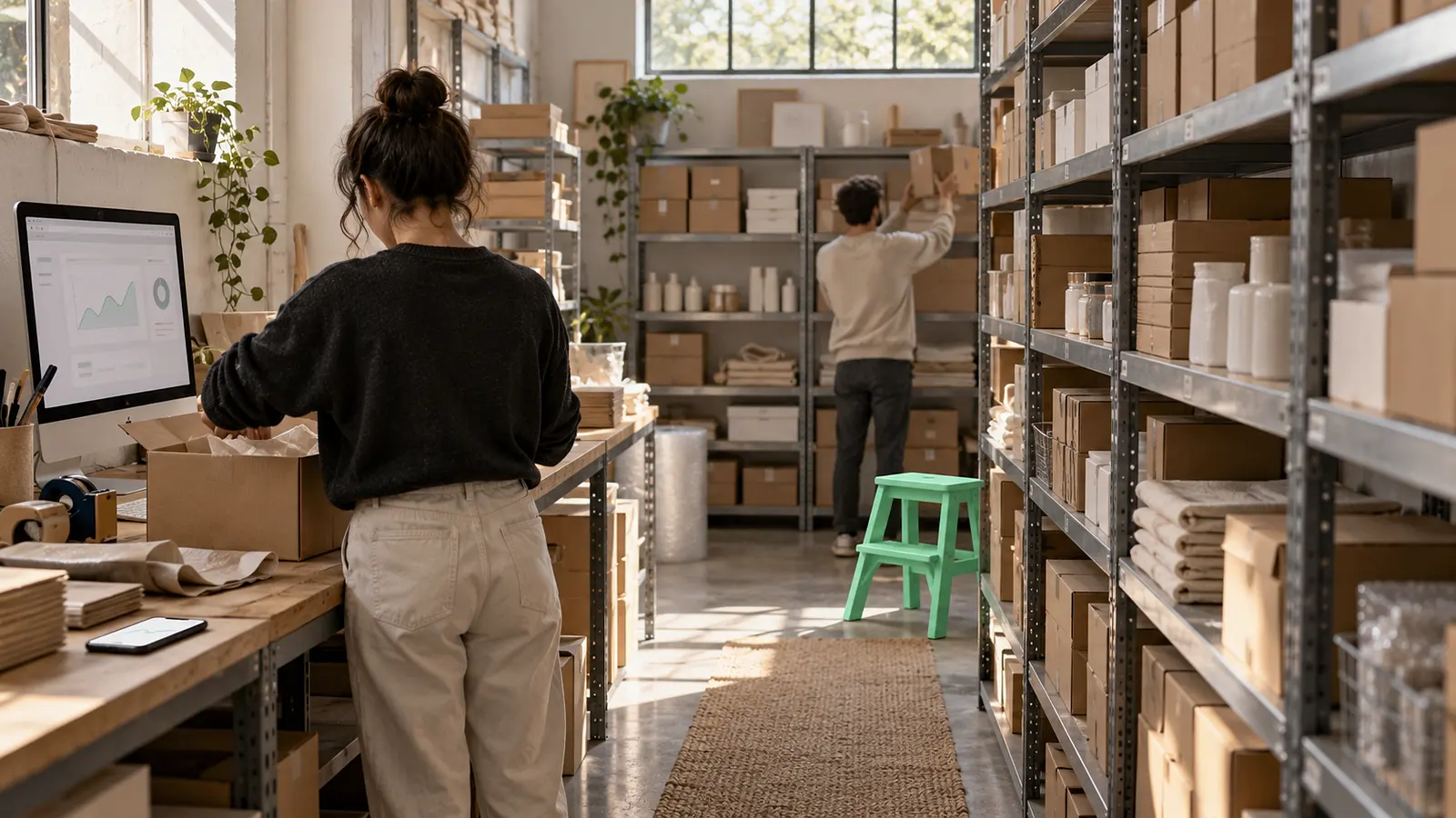 Almacén pequeño de una tienda online con estanterías llenas de cajas
