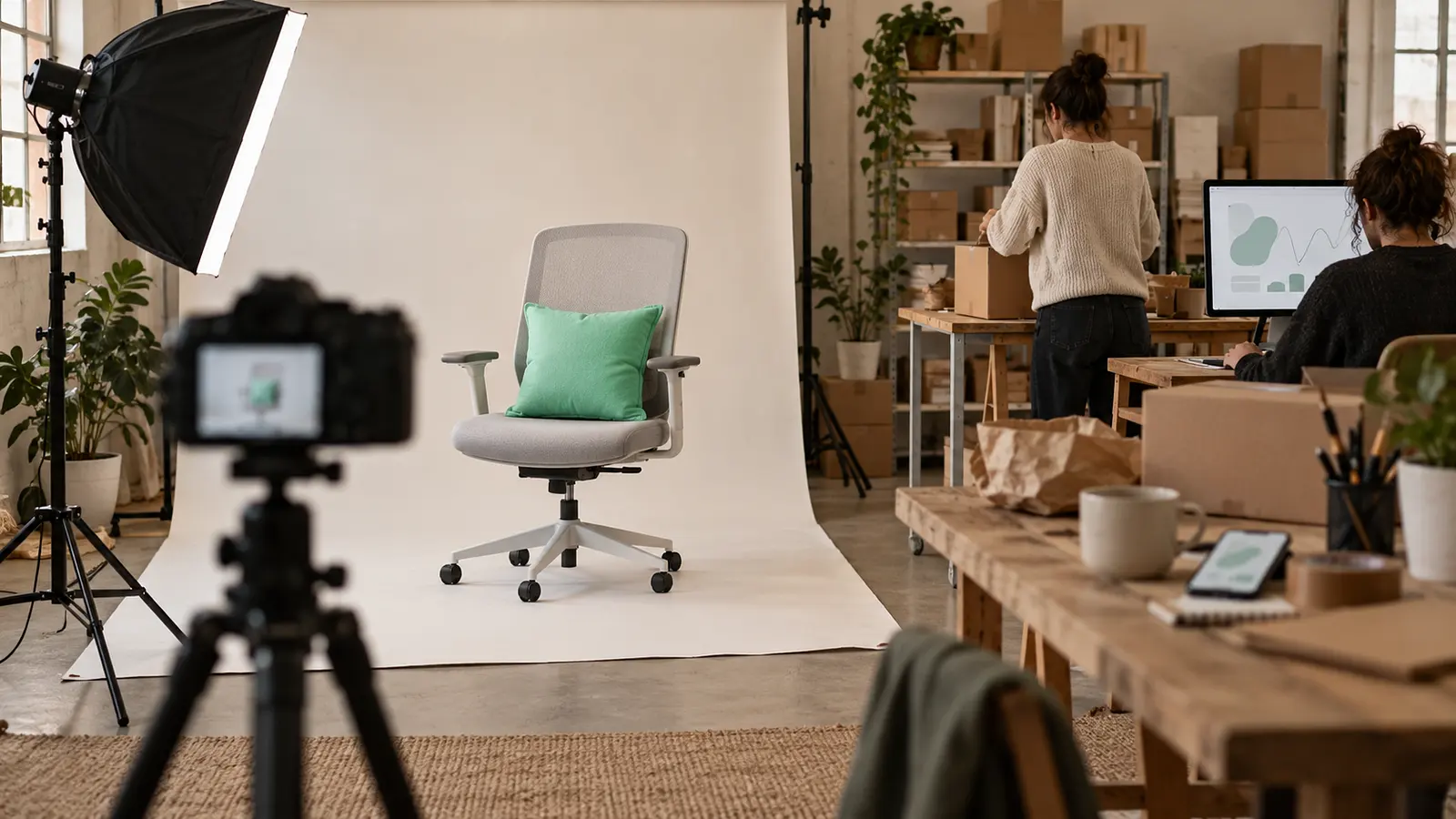 Sesión de fotos de producto: una silla de oficina sobre fondo blanco con un foco