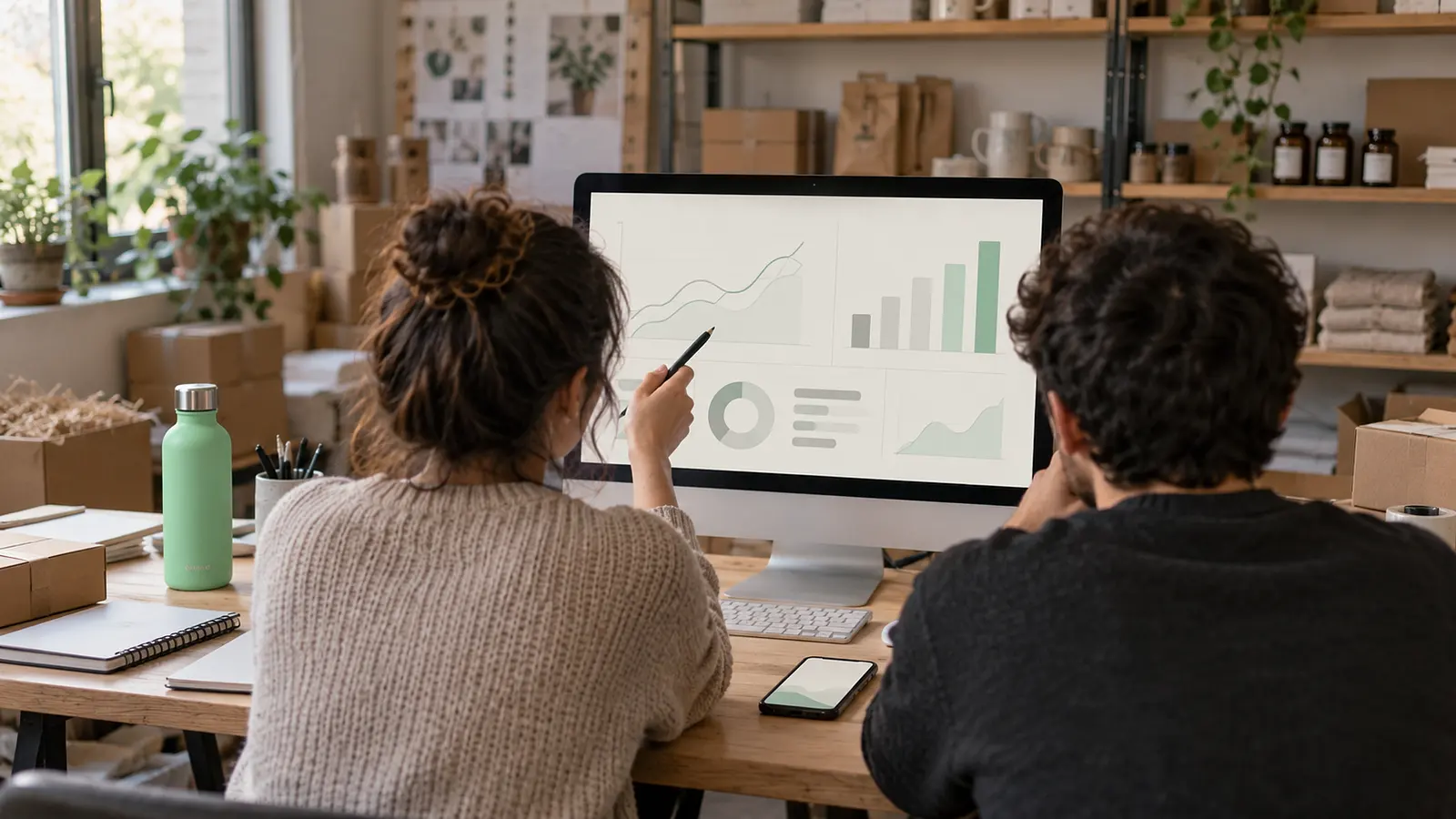 Dos personas de espaldas revisan las gráficas de ventas en un monitor