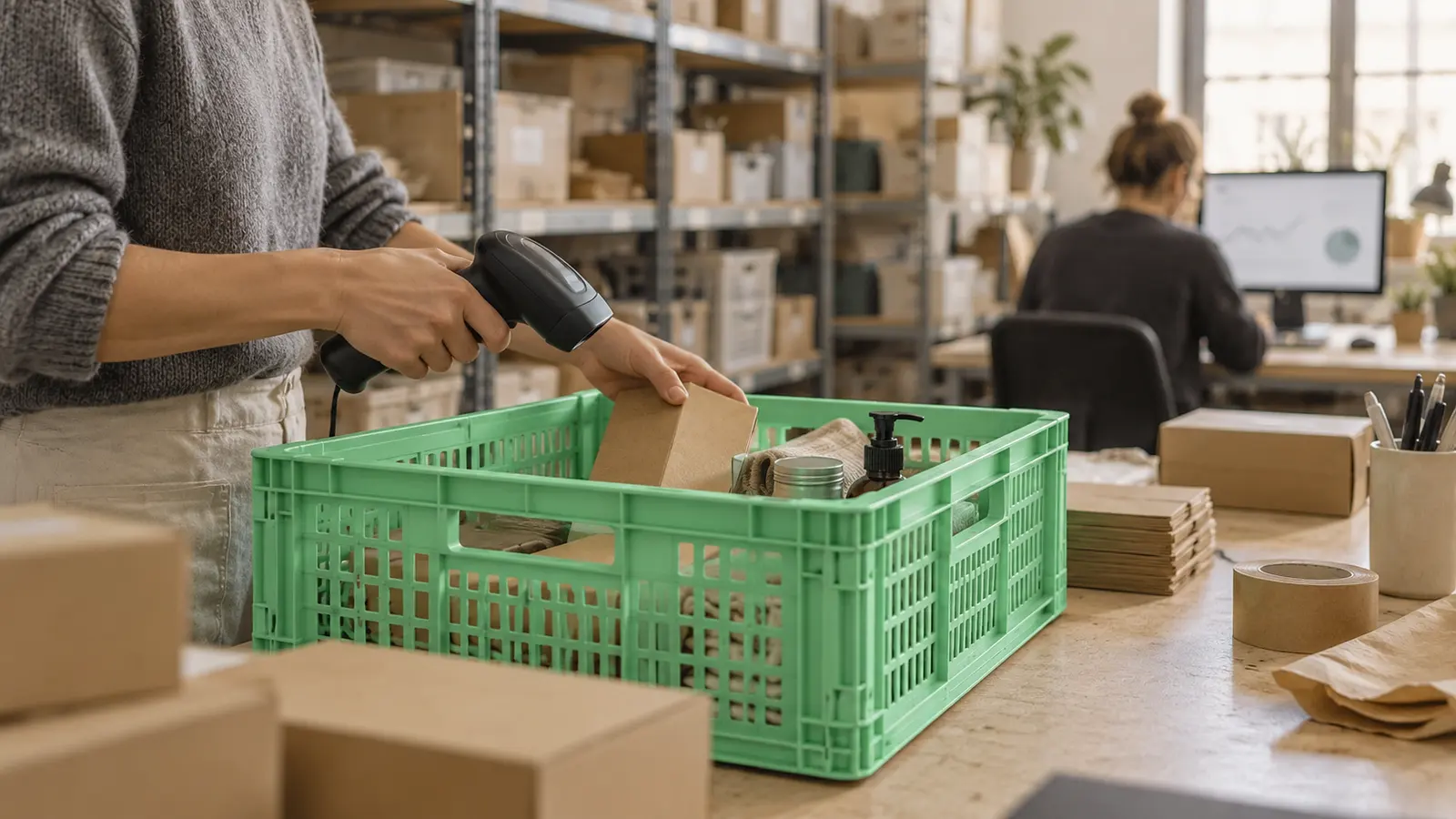 Manos con un lector de códigos preparando un pedido en una caja verde