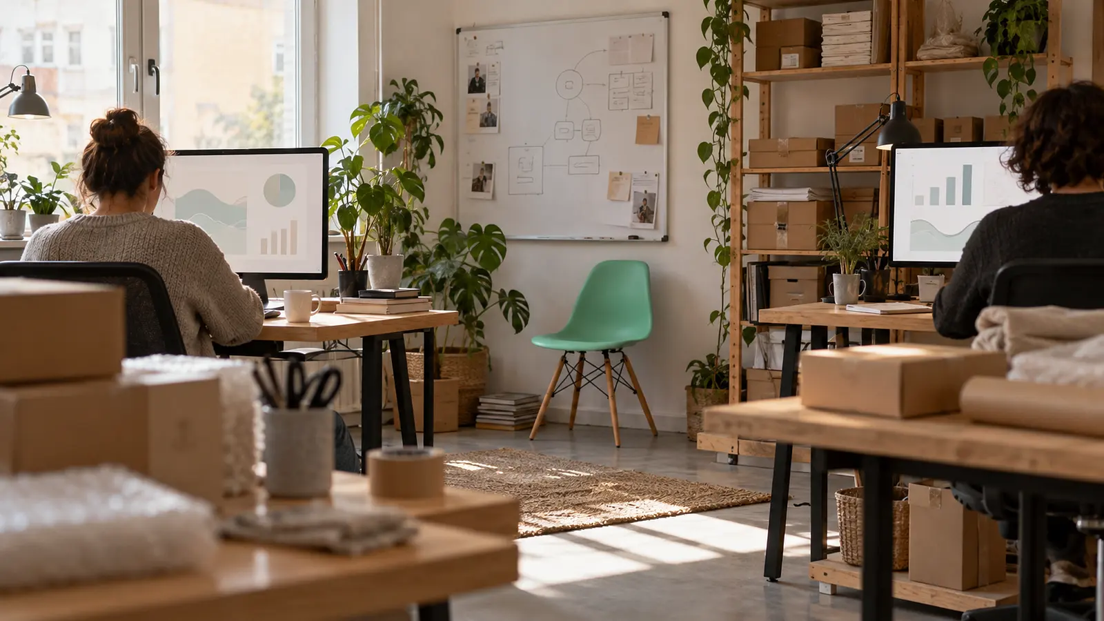 Oficina pequeña con dos mesas, monitores con gráficas y plantas