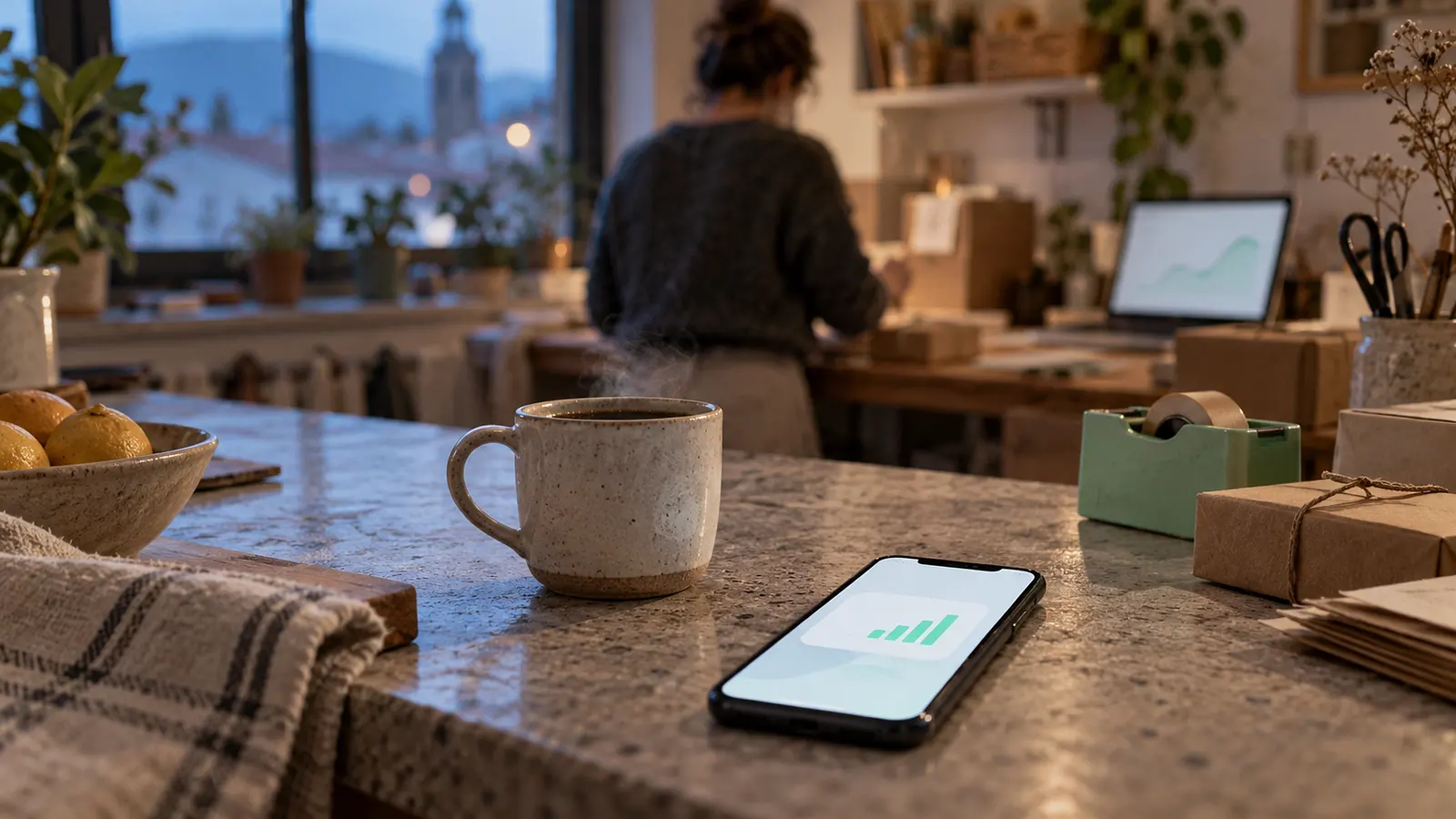 Móvil con un resumen de ventas junto a un café en la encimera, a primera hora